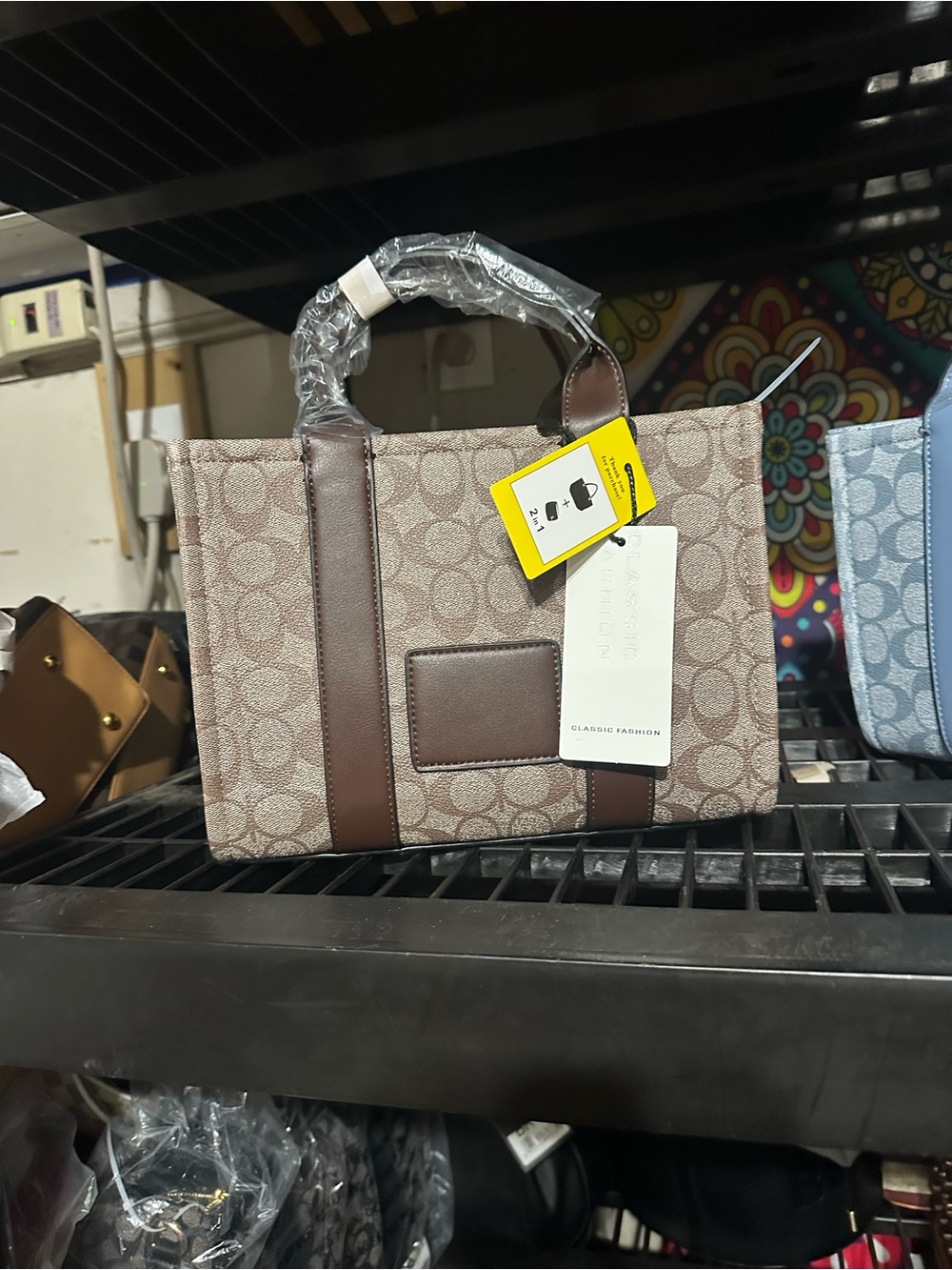 2 PC Brown Signature Print Tote Handbag With Matching Wallet